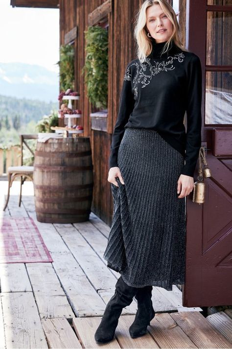 This pull-on sweater skirt is rich in starry sparkle thanks to metallic threads that twine through the soft knit fabric. Its micro pleats are engineered for a fabulous shape, starting small then flaring out for a swingy hem. Wide elastic waistband. Fully lined. Soft Surroundings, Metallic Thread, Soft Knits, Sweater Skirt, Twine, Pleated Skirt, Elastic Waistband, Knit Fabric, Knitted Fabric