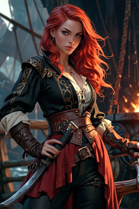 Red Head Pirate, D&d Pirate, Redhead Pirate, Pirate Woman Art, Adventurer Costume, Pirate Witch, Lady Pirate, Warrior Drawing, Pirate Princess