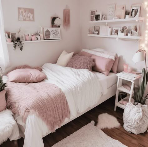 Dorm Rooms Decorating, Dorm Room Color Schemes, Decorating Dorm, White Dorm Room, Pretty Dorm Room, Dorm Room Colors, Dorm Room Decorations, Dorm Room Ideas For Girls, Dorm Room Decorating Ideas