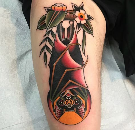 Midwestphil Traditional vampire bat tattoo Bat Coffin Tattoo, Traditional Bat Lady Tattoo, Traditional Bats Tattoo, Bat Tattoo Traditional Old School, Hanging Bat Tattoo Traditional, Bat Tattoo Ideas Traditional, Wooden Stake Tattoo, Traditional Bat Tattoo Flash, American Trad Bat Tattoo