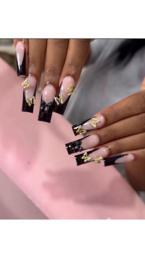 Black French Tips W/ Gold Accessories Black Birthday Nail Designs, Black French Tip Nails With Gold, Nail Ideas Black And Gold, Black Gold Nails Designs, Black And Gold French Tip Nails, Black And Gold Birthday Nails, Gold And Black Nails Acrylics, Black And Gold Acrylics, Gold French Tip