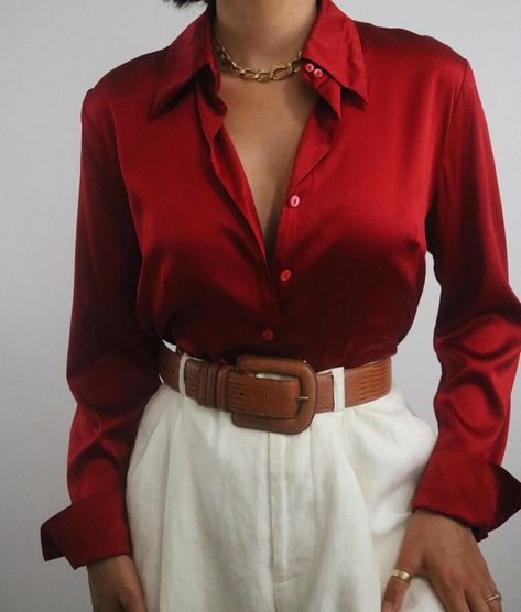 Red Satin Shirt Outfit, Red Shirt Outfits, Satin Shirt Outfit, Red Silk Blouse, Carlos Alcaraz, Cute Nike Outfits, Vintage Cherry, Lady L, Elegante Casual