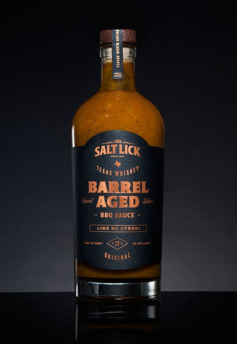 Salt Lick Whiskey Barrel-Aged BBQ Sauce — The Dieline - Branding & Packaging Design Hot Sauce Packaging, Sauce Packaging, Whiskey Packaging, Beautiful Packaging Design, Salt Lick, Package Design Inspiration, Whiskey Brands, Flavored Salts, Bottle Design Packaging