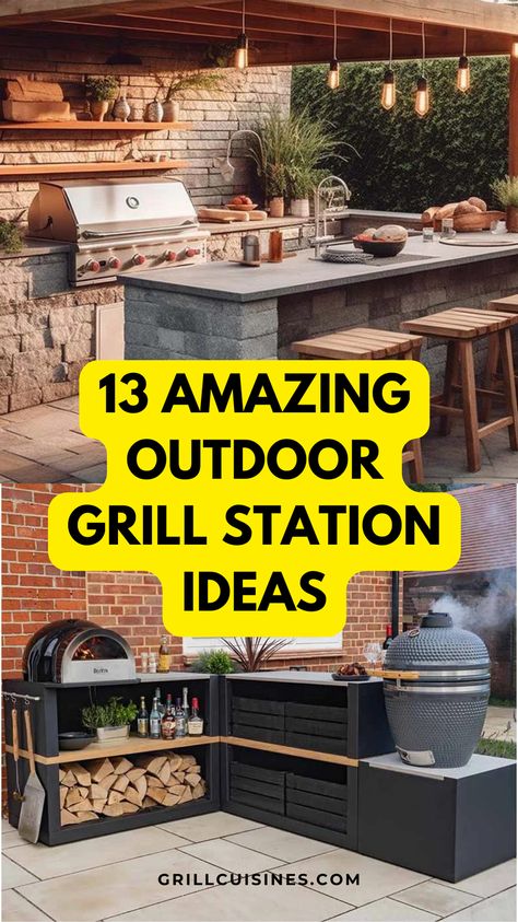 Turn your backyard into a culinary haven with these 20 amazing grill station inspirations! Explore a range of ideas from effortless DIY setups to luxurious outdoor kitchens, all designed to match your unique style and budget. #OutdoorGrill #GrillIdeas #BackyardDesign Built In Grill And Blackstone, Backyard Grill Station Ideas, Grill Pit Ideas Backyards, Outdoor Grill Design Ideas, Garden Bbq Ideas Grill Area, Patio Cooking Station, Outdoor Grills Ideas, Concrete Patio Grill Area, Bbq Shelf Ideas