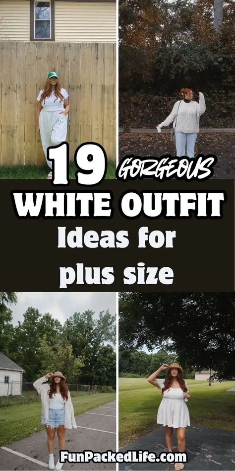 Collage featuring four plus size white outfit combinations. Top left shows casual white joggers paired with t-shirt and green baseball cap. Top right displays chunky white sweater with light jeans in fall setting. Bottom left features white bodysuit with denim shorts and cream cardigan. Bottom right shows white summer dress accessorized with wide-brim hat. White Boots Plus Size Outfit, Plus Size White Party Outfit, All White Beach Party Outfit, Plus Size White Outfit, White Socks Outfit, Outfit Ideas For Plus Size, White Christmas Outfit, White Outfit Ideas, White Boots Outfit