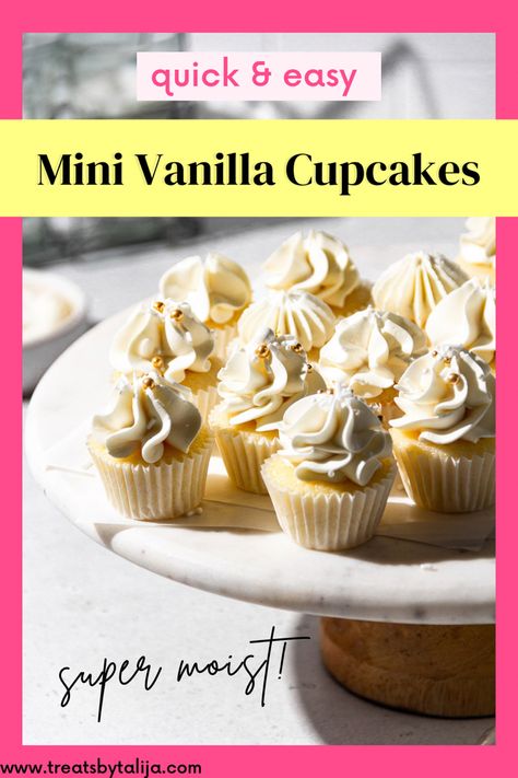 Mini vanilla cupcakes arranged on a white marble cake stand Vanilla Cupcakes Moist, Mini Cupcakes Decorating, Mini Cupcakes Ideas, Mini Vanilla Cupcakes, Mini Cupcake Recipes, Vanilla Cupcakes Recipe, Cupcake Recipes From Scratch, Cupcakes Decorating, Mini Cupcake Pan