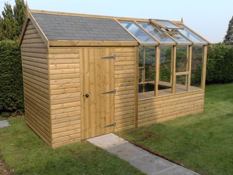 garden shed/buildings | storage shed with greenhouse attached keeps all your gardening needs ... Shed With Greenhouse Attached, Shed With Greenhouse, Garden Sheds Uk, Greenhouse Shed Combo, Garden Shed Kits, Amazing Sheds, Wood Shed Plans, Build Your Own Shed, Shed Construction