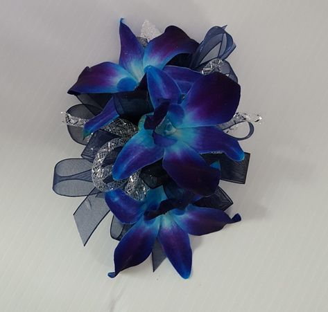 Blue Prom Flowers, Orchid Wrist Corsage, Blue Orchid Wedding, Homecoming Flowers, Prom Corsage, Prom 2024, Orchid Wedding, Corsage Prom, Blue Themed Wedding