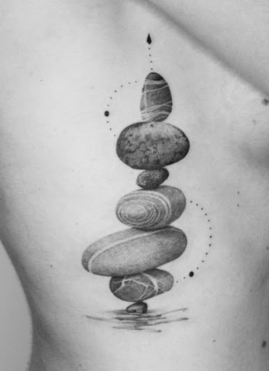 Rock And Water Tattoo, Balancing Rocks Tattoo, Stacked Rocks Tattoo, Rock Stack Tattoo, Rock Cairn Tattoo, Petoskey Stone Tattoo, Tattoos About Balance, Rocks Tattoo Stone, Cairns Tattoo