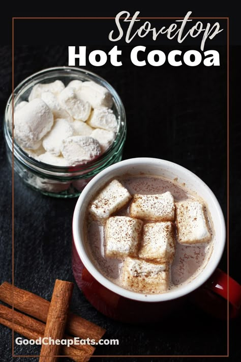 Homemade Hot Cocoa takes just five minutes and only five ingredients. Enjoy a hot cup of this easy, affordable hot chocolate any day. It's delicious topped with marshmallows or Homemade Whipped Cream. Serve this stovetop hot cocoa alongside your favorite cookies or with a Chocolate Dessert Board for the ultimate sweet treat. This hot chocolate drink packs well in a thermos so you can even take it on the road with you, a huge bargain over hot chocolate you might buy elsewhere. Hot Cocoa Recipe Stovetop, Recipe To Use Up Milk, Use Up Milk, Stovetop Hot Chocolate, Chocolate Dessert Board, Drinks Hot Chocolate, Hot Coffee Drinks, Hot Chocolate Drink, Diy Hot Chocolate