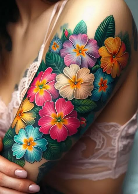 "Golden Blooms: Adorn your skin with the February birth flowers—the primroses. Their clusters of yellow blossoms symbolize youth, growth, and resilience. A primrose tattoo on your arm or back is like wearing a sun-kissed garden, radiating positivity and natural beauty." 🌼☀️ Colorful Filler Tattoo, Colourful Tattoo For Women, Colored Flower Tattoos, Slay Point, Primrose Tattoo, Birth Tattoos, Flower Charts, Piercing Designs, Radiating Positivity