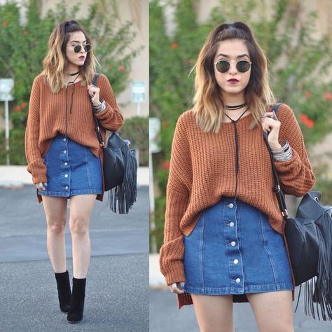 This is a comfy option for how to style a denim skirt! #skirt #jean #denim #miniskirt #chunkysweater How To Style A Denim Skirt, Jean Skirt Outfits, Denim Shorts Outfit, Skirt Outfits Fall, Weather Outfits, Denim Skirt Outfits, Denim Outfits, Rock Outfit, Trendy Skirts