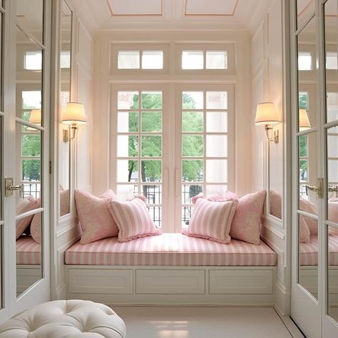 pink and white stripes on a dressing room window seat Dressing Room Window, Decorating With Pink, Pink House Interior, Striped Bedroom, French Fabrics, Pink Closet, Paint Wallpaper, Striped Room, Serene Bedroom