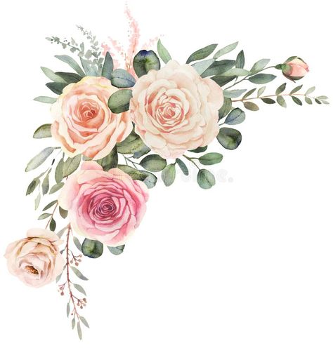 Watercolor floral bouquet with roses and eucalyptus. Watercolor floral bouquet c #Sponsored , #PAID, #PAID, #floral, #roses, #bouquet, #Watercolor With Roses, Frame Composition, Roses And Eucalyptus, Idee Cricut, Watercolor Eucalyptus, Frame Floral, Floral Rosa, Watercolor Bouquet, Floral Border Design