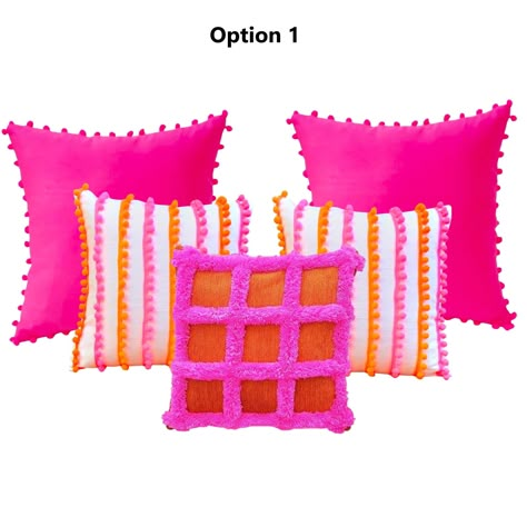 Elevate the charm of your dorm room with our vibrant Cushion Covers Combo featuring hues of Orange, Pink, and White. Each cover is meticulously embellished with delightful pom-pom and tufted work, adding a playful touch to your space. This set includes five square cushion covers, each measuring 16x16 inches, offering versatility and style to your dorm decor. Brighten up your living space with these eye-catching accents, ideal for adding personality and comfort to any room. Hot Pink And Orange Aesthetic Room, Pink Orange Bedroom Aesthetic, Dorm Pillow Arrangement, Pink Orange Blue Bedroom, Room Ideas Pink And Orange, Pink And Orange Dorm Room Aesthetic, Pink And Yellow Dorm Room, Pink And Orange Pillows, Dorm Living Room Ideas