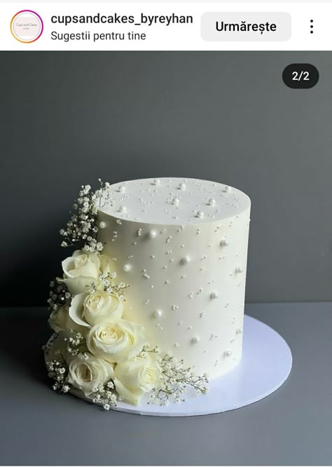 Pearl Wedding Cake 1 Tier, White Cake With Pearls, Nikah Cake, White Floral Cake, Nikkah Cake, 1 Tier Wedding Cakes, Diamond Wedding Cakes, Wedding Cake Simple Elegant, Wedding Cake Pearls