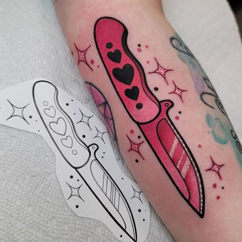 Pocket Knife Tattoo, Pink Pocket Knife, Pastel Tattoos, Cherry Tattoo, Tattoos Inspo, Tattoo Apprenticeship, Petit Tattoo, Knife Tattoo, Pink Tattoo