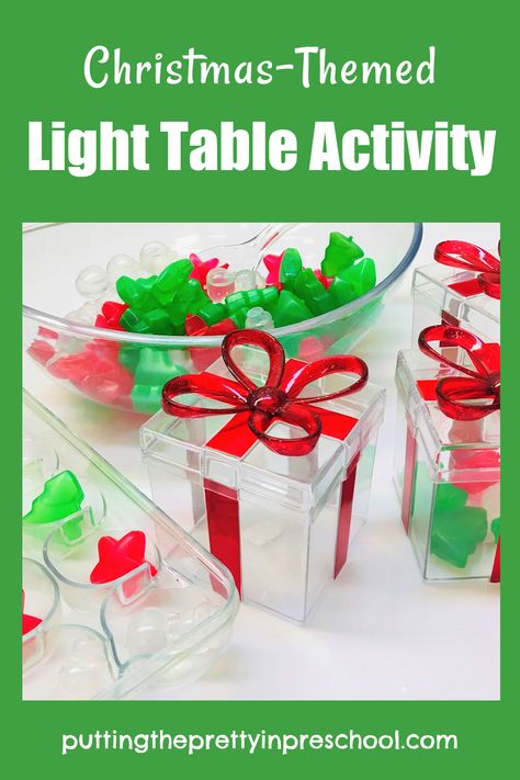 Invitation to scoop and sort reusable ice cubes in this magical Christmas-themed light table activity for little learners. Holiday Light Table Activities, Light Table Christmas Activities, Christmas Light Table Activities, Light Table Ideas For Preschoolers, Christmas Light Table, Light Box Activities, Prek Christmas, Reusable Ice Cubes, Light Activities