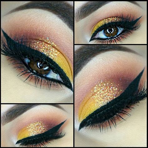 SUNSET EYESHADOW  LOOK. YELLOW ORANGE AND BROWN WITH GLITTER IG: @AJROD0426 Black And Yellow Eyeshadow Looks, Yellow And Brown Eyeshadow Looks, Brown And Yellow Eyeshadow, Eyeshadow Looks Yellow, Yellow Eyeshadow Looks Step By Step, Makeup For Yellow Outfit, Yellow Eye Makeup Looks, Black And Yellow Makeup, Yellow Eyeshadow Looks