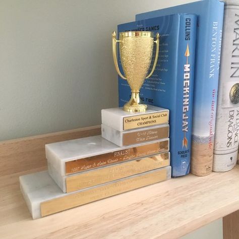 Plaques Ideas, Trophy Craft, Diy Trophy, Sports Display, Trophy Ideas, Old Trophies, Trophy Display, Trophy Plaques, Award Plaques