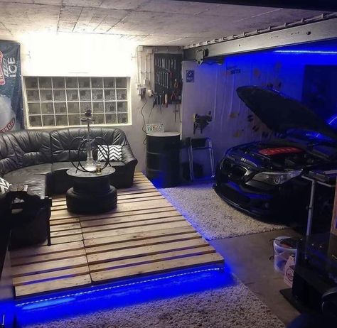 Garage Den | Easy Access| DYI   - Wood Pallets  - Rope LED Lighting Garage Aesthetic House, Mechanic Room Ideas, Room Ideas For Car Guys, Car Guy House Decor, Bmw Garage Ideas, Car Guy Bedroom Aesthetic, Gamer Garage, Car Guy Room Ideas, Mechanic Bedroom