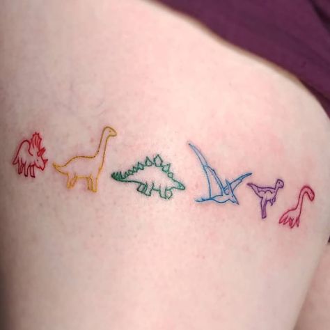 Pterodactyl Tattoo Outline, Colorful Dinosaur Tattoo, Simple Stegosaurus Tattoo, Rainbow Dinosaur Tattoo, Cute Dinosaur Tattoo, Tiny Dinosaur Tattoo, Land Before Time Tattoo, Dino Tattoo, Dinosaur Tattoo