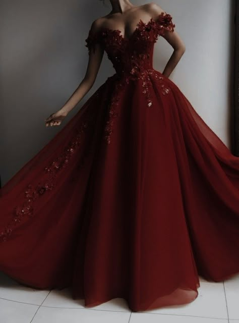 Wine Red Debut Gown, Red Princess Gown Royalty, Red Royal Dresses Princesses, Red Prom Gown Princesses, Red Prom Dress Princess, Princess Ball Gowns Red, Red Wedding Dress Aesthetic, Royal Ball Prom Dress, Dark Burgundy Quinceanera Dresses