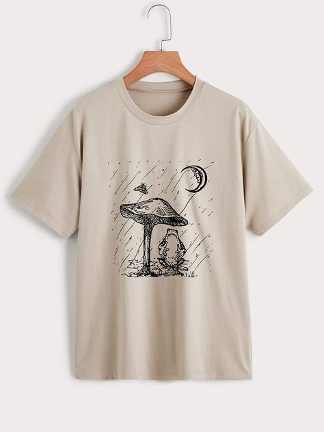 Khaki Casual  Short Sleeve Polyester Animal,Plants  Embellished Slight Stretch Summer Women Tops, Blouses & Tee Mushroom Frog, Printed Tee Women, Frog Print, Stylish Hoodies, T Shirt Png, Frog T Shirts, Aesthetic Shirts, Vintage Fits, Typography Tshirt