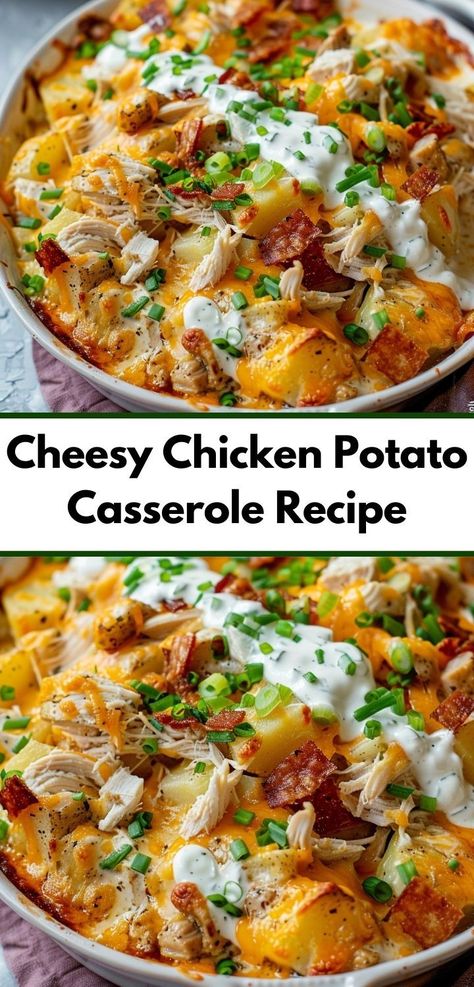 Need new dinner ideas? Our Cheesy Chicken Potato Casserole Recipe is a delightful treat. Simple to make and perfect for potato recipes, it will quickly become a family favorite. Potato Casserole Dinner Recipes, Easy Dinner Recipes Chicken And Potatoes, Shredded Chicken Potato Recipes, Dinner Recipes Chicken And Potatoes, Meals With Shredded Chicken Dinners, Quick Meals With Potatoes, Shredded Chicken Potatoes, Simple Chicken And Potato Recipes, Chicken Potato Recipes Easy