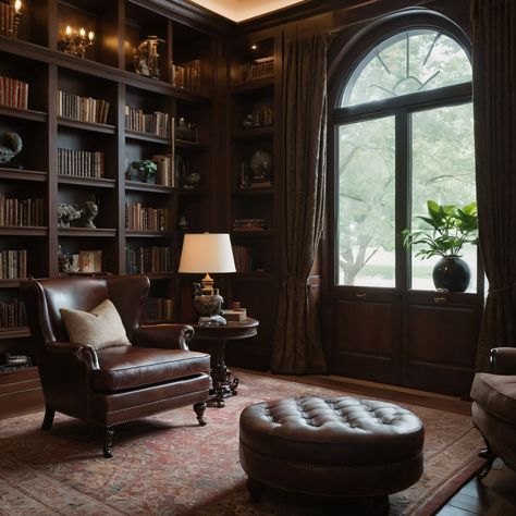 A sophisticated classic home library with floor-to-ceiling bookshelves, a cozy reading chair, and dark wood finishes, perfect for book lovers. #HomeLibrary #ClassicStyle #Bookshelves #DarkWood #ReadingChair Old Home Library, Dark Wood Built Ins, Classic Library Room, Traditional Library Room, Brown Library, Dark Academia Small Home Library, Home Decor Ideas Dark Wood, Dark Wood Home Aesthetic, House Library Aesthetic