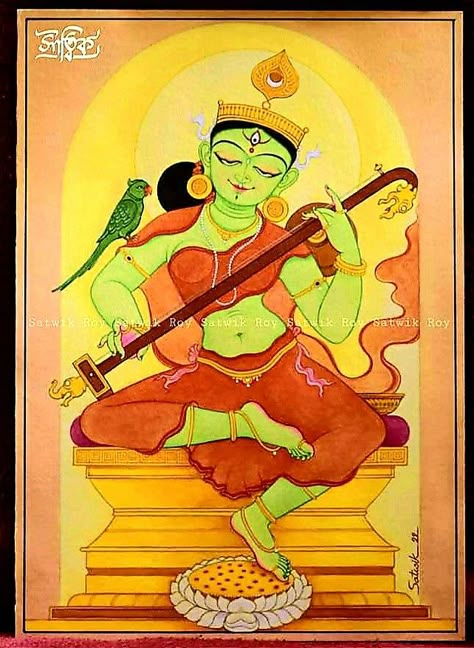 Matangi Devi, Ma Saraswati, Saraswati Painting, Bengal Art, Asian Gods, Saraswati Mata, Deities Art, Maa Saraswati, God Painting