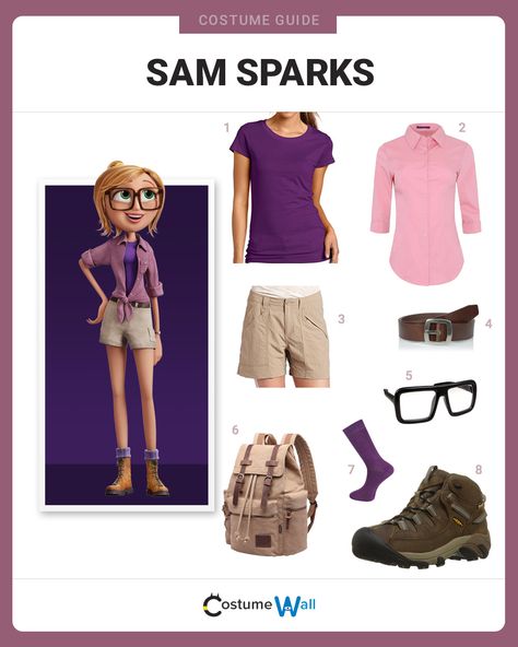 The best costume guide for dressing like Sam Sparks, the ambitious reporter and friend of Flint Lockwood from Cloudy with a Chance of Meatballs. Sam Sparks And Flint Lockwood Costume, Sam Sparks Costume, Flint Lockwood And Sam Sparks, Characters To Dress Up As, Book Characters Costumes, Meatball Costume, Sam Sparks, Flint Lockwood, Costume Wall