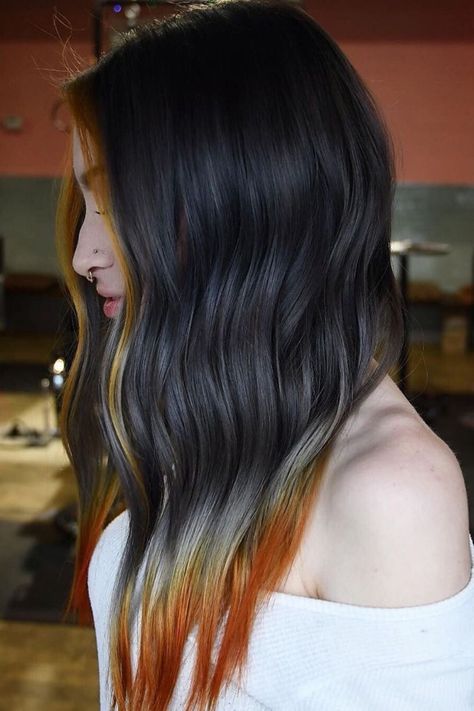 Orange silver gray hair Black And Orange Hair, Monochrome Hair, Black Ombre Hair, White Blonde Hair, Brown Ombre Hair, Side Braid Hairstyles, Multi Colored Hair, Hair Color Purple, Short Hair Color