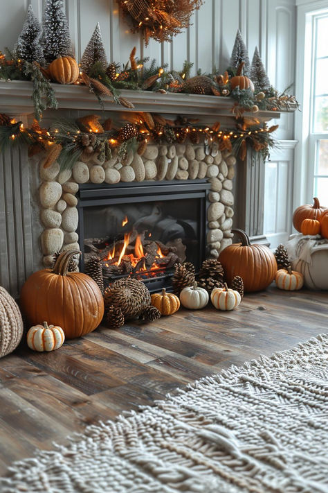 60 Stunning Fall Decor Ideas for an Unforgettable Season Pumpkin Hearth Decor, Fall Decor Ideas For Bookcase, Halloween Fall Fireplace Decor, Fall Lighting Ideas, Fall Mantel Decorating Ideas Farmhouse, Rustic Fall Mantel Decor, Decorating Your House For Fall, Cottage Style Fall Decor, Fall Outdoor Fireplace Decor