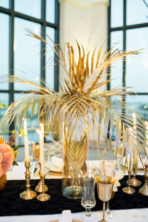 Gold Palm Centerpiece, Gold Leaf Centerpiece, Gold Palm Leaves Centerpiece, Safari Wedding Decor, Tony Ward Bridal, Gold Table Decor, Gold Theme Party, Egyptian Party, Gala Decorations