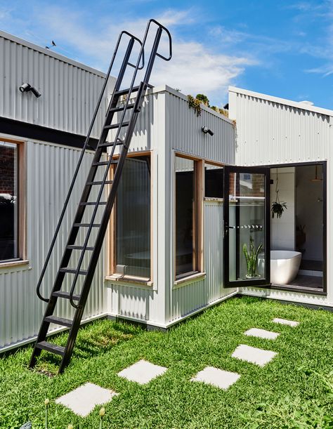 An Unbelievably Energy Efficient 100-Year-Old Workers’ Cottage! درج السلم, Roof Ladder, Brick Paving, Metal Stairs, Eco Architecture, Metal Siding, Lan Can, Australian Architecture, Passive House