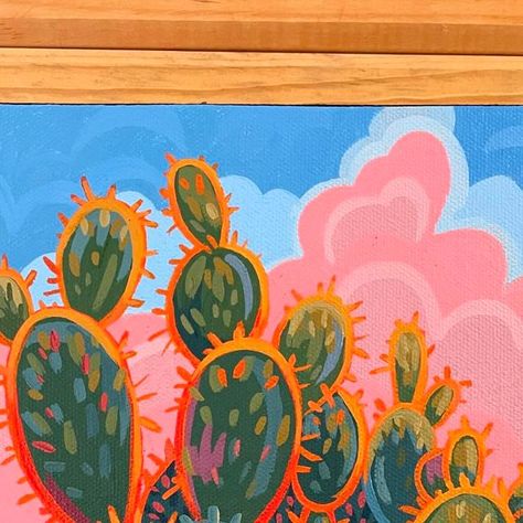 Stephanie Moon on Instagram: "“Prickly Pear” is my newest desert piece, focusing on the texture and fun colors of this easy growing New Mexico cactus.  I think most all of the colors of my palette are in use here, but what can I say, I love color!  This piece is 8x10 inches, acrylic on gallery wrap canvas.  Available at $250, message me for details about bringing this babe home ❤️  #pricklypear #newmexico #albuquerque #desert" Cactus Oil Pastel, Desert Painting Acrylic Easy, Cacti Painting Easy, Easy Cactus Painting, Cacti Painting, Colorful Explosion, Mexico Cactus, Desert Beauty, Cactus Drawing