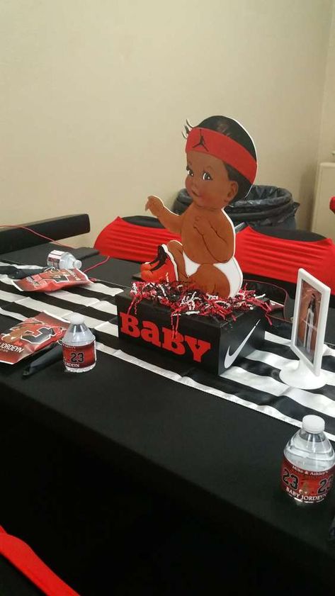 Michael Jordan Baby Shower Party Ideas | Photo 4 of 15 Michael Jordan Centerpieces Party Ideas, Sneaker Theme Baby Shower Ideas, Sneaker Ball Baby Shower Ideas, Sneaker Baby Shower Theme, Jordan Centerpieces, Jordan Baby Shower Theme, Red Baby Shower Ideas, Polo Baby Shower, Sneaker Party