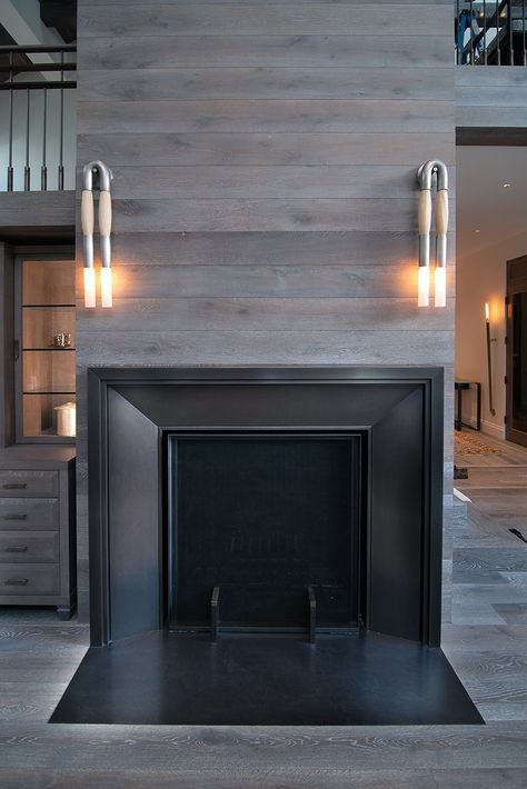 Blackened Steel Fireplace, Steel Fireplace Surround, Fireplace Cladding, Safe Room Doors, Adam Hunter, Wall Mounted Shelving Unit, Steel Fireplace, Custom Railing, Los Angeles Interior Design