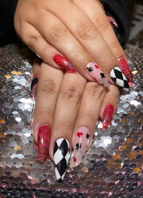 Mad Nail Designs, Queen Of Heart Nails Acrylic, Harlequin Nails Designs, Queen Of Hearts Nail Ideas, Mad Hatter Nail Designs, Queen Of Hearts Inspired Nails, Queen Of Heart Nails Designs, Alice In Wonderland Themed Nails, Mad Hatter Nail Art