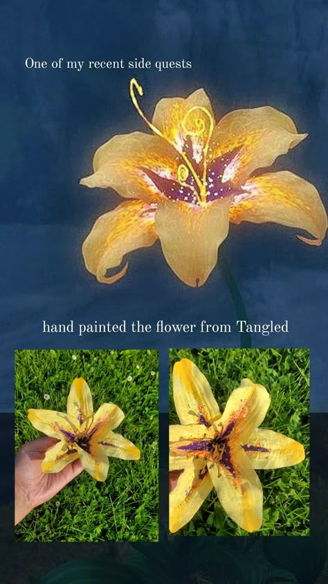 #disney #disneydiy #disneycraft #disneycosplay #Tangled #rapunzel #flower #crafts #disneycostume #diycostume #silkflower #painted Tangled Rapunzel Crafts, Sun Drop Flower Tangled, Diy Rapunzel Flower, Rapunzel Flower Painting, Tangled Flower Diy, Rapunzel Flower Diy, Sundrop Flower Tangled, Tangled Flower Painting, Rapunzel Flower Drawing