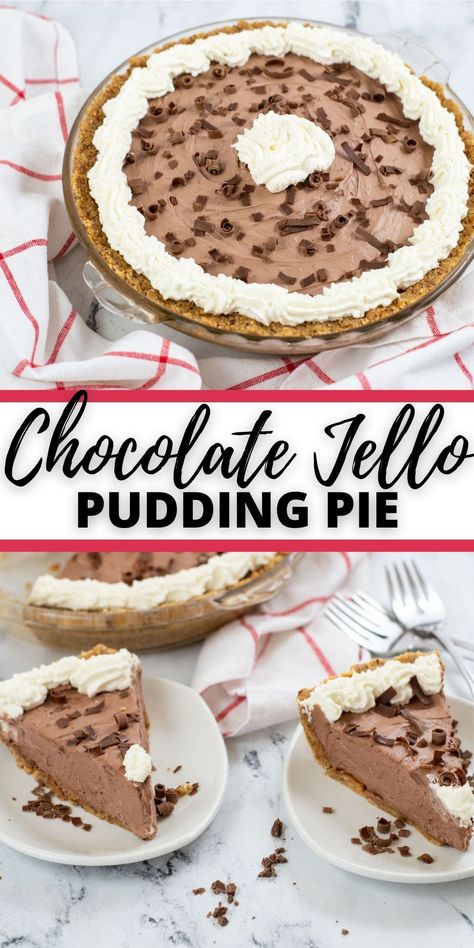 This Chocolate Jello Pudding Pie is an easy, no-bake pie that everyone loves. It's light and delicious and a cinch to make. Chocolate Jello Pie, Jell O Recipes Desserts, Jello Chocolate Pie, No Bake Jello Desserts, Chocolate Pudding Pie Easy Jello, Jello Pudding Pie Recipes, Pudding Pie, Chocolate Pudding Pie, Chocolate Pudding Pie Easy