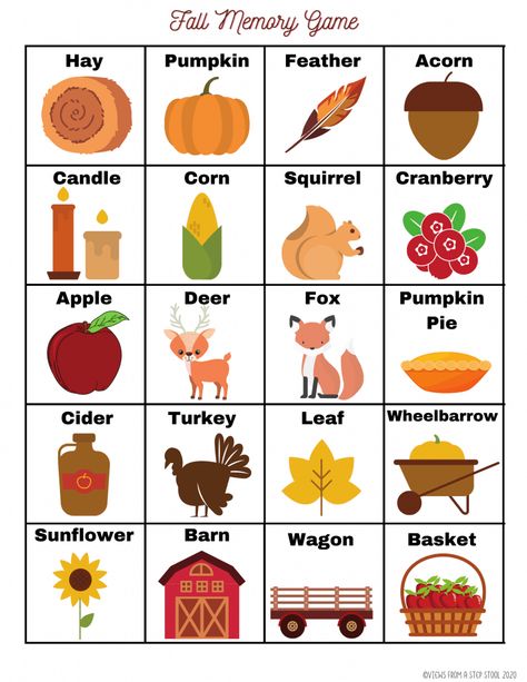 This printable Fall Matching Game is great to get excited about the season. This matching activity is great for preschool-aged children and early learners. #fallmatchinggame #fallmemorygame #memorygamesforkids #printablegamesforkids #kidsactivities Thanksgiving Matching Game, Fall Memory Game, Wallpaper Backgrounds Fall, Fall Season Pictures, Printable Matching Game, Matching Games For Toddlers, Fall Activities For Toddlers, Church Conference, Preschool Fall