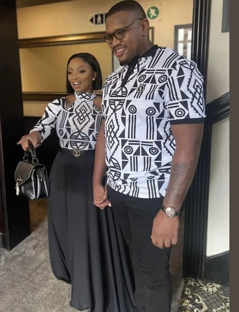 Couples Matching Outfits Swag, Black And White Outfits, Xhosa Attire, South African Traditional Dresses, Couples African Outfits, African Traditional Wear, African Traditional Wedding Dress, African Attire Dresses, African Wedding Attire