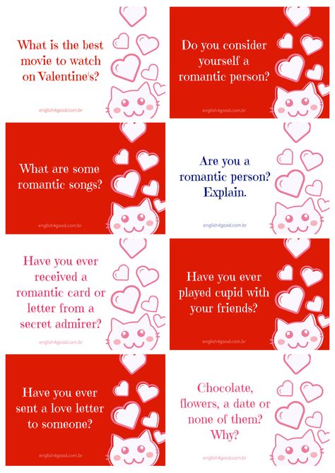 Hi there, dear teachers!!🤩🤩🤩 Are you looking for some fun activities for Valentine's Day? You have just found one! Valentine's Conversation Cards. There are 24 cards for intermediate students. Your class you be super fun!❤️️❤️️❤️️ #esl #valentines #valentine #valentinesactivity #eslteacher #eslconversation Esl Valentines Day Activities, Esl Printables, Esl Activities, Conversation Cards, Romantic Cards, Esl Teachers, Classroom Valentine, Grammar Worksheets, Speak English