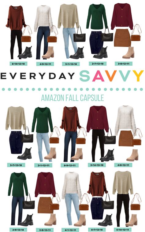 Business Casual Capsule Wardrobe Fall, Easy Daily Outfits, Fall Colored Outfits Women, Everyday Casual Outfits Autumn, Casual Outfits Amazon, Everyday Savvy Capsule Wardrobe, Mix And Match Outfit, Mix And Match Wardrobe, Fall Outfits Women Amazon