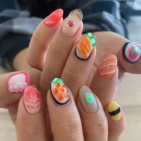 Ramen Nails, Food Inspired Nails, Sushi Nails, Shrimp Nail Art, Tokyo Nail Art, Sushi Nail Designs, Food Nail Art, Japan Nail, Food Nails