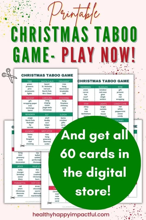 printable Christmas taboo game cards with word lists for kids and adults; holiday Christian Christmas Party Games, Christmas Elf Names, Christmas Party Activity, Taboo Cards, Taboo Words, Candy Sleigh, Taboo Game, Music Tree, Holiday Movie Night