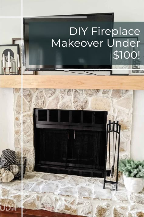 WOW this transformation is huge! Virtually free except for the cost of the wood to cover the new mantel! Old stone fireplace with German smear look using unexpected and cheap materials, firebox painted, and woodworking to wrap the old mantel to lighten the whole space. Before and after is crazy! Need to try this with old ugly fireplace. #fireplacemakeover #fireplacediy #stonefireplace #homeimprovement #modernfarmhouse #spanishmodern #germansmear #whitefireplace #limewash #whitewash #japandi Overgrouted Fireplace Stone, How To Update An Old Stone Fireplace, Diy Stone Fireplace Mantle, Diy Fireplace Refacing, Update 70s Fireplace, Original Fireplace Makeover, Fireplace Mantel Cover Up, German Schmear Stone Fireplace Before And After, Limewash Stone Fireplace Before And After