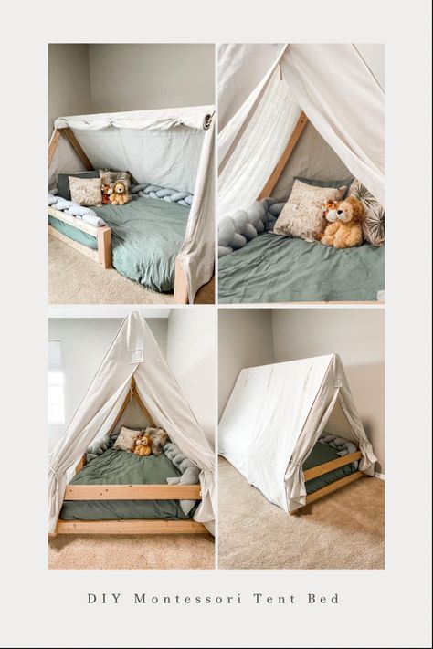 Diy Tent Bed, Toddler Bed In Tent, Bed Tent Diy, Tent Bed Frame, Drop Cloth Bed Tent, Toddler Bed Tent, Toddler Boy Room Teepee Bed, Teepee Bed Toddler Boys, Little Boys Room Teepee Bed